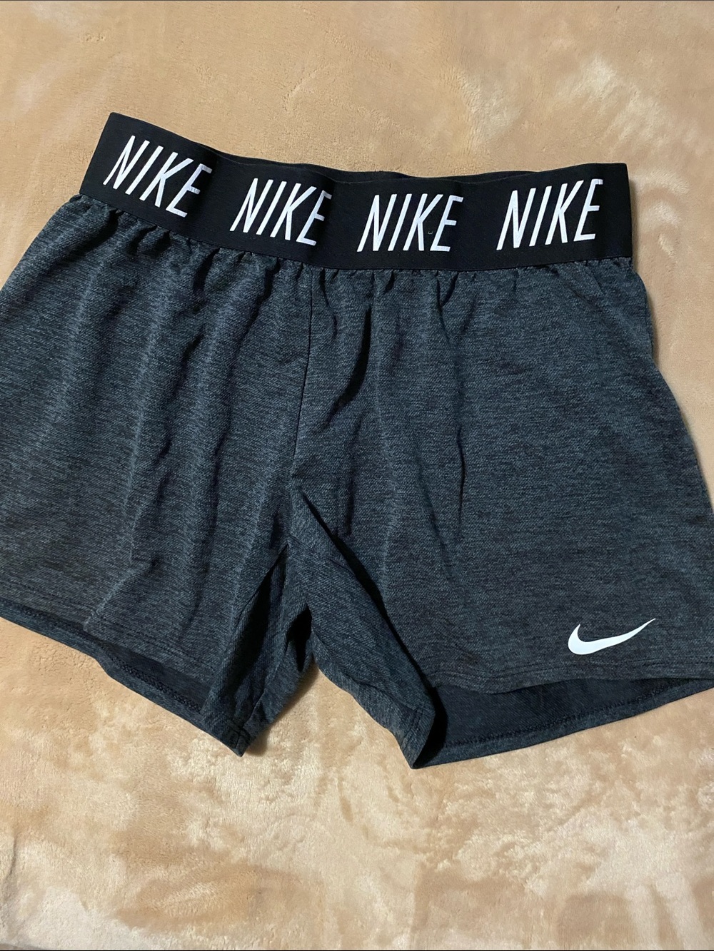 Nike Girl’s Charcoal Gray Athletic Shorts with Black Logo Waistband Sz XL